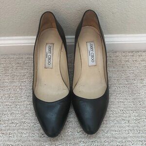 Jimmy Choo Black Leather Pumps, Size 38 (US 7.5/8) Almond Toe Heels
